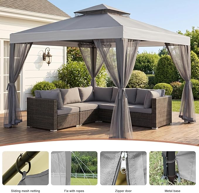 10x10 Gazebo with Netting, Canopy Tent Sun Shade Shelter for Outdoor Patio Backyard (Gray)