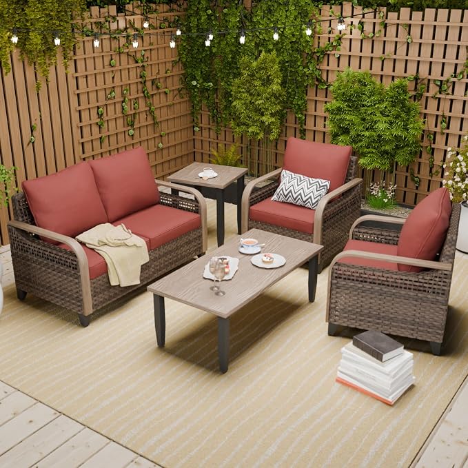 COOS BAY Modern Wicker Outdoor Furniture Set, 5 Piece Patio Conversation Set with 2 Patio Chairs, a Loveseat, Coffee Table and Side Table, 5 Piece, Brown/Red