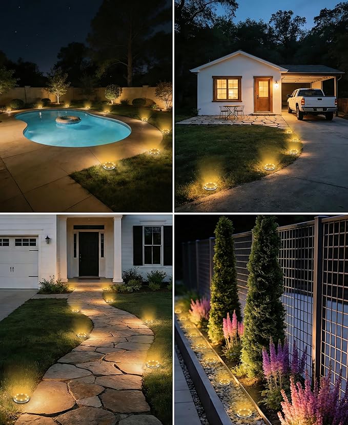LOTMOS 20 Pack Solar Ground Lights Outdoor, 8 LED Solar Flat Lights IP68 Waterproof Disc Light, Landscape Lighting Solar Powered for Garden Yard Path Driveway Lawn Patio Walkway, Warm White