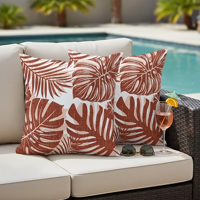 Copper Palm Leaves Outdoor Pillow Covers 18"x18" Set of 2, Tropical Botanical Minimalist Modern Waterproof Throw Pillow Covers for Patio Furniture, Decorative Cushion Covers for Porch
