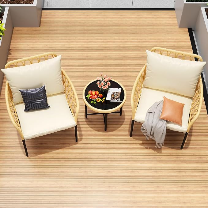 TrailBlaze All-Weather 3-Piece Outdoor Rattan Patio Sofa Set - PE Wicker Conversation Set with Glass Coffee Table, Thick Cushions, Lightweight & Space-Saving - Ideal for Balcony, Garden, Backyard