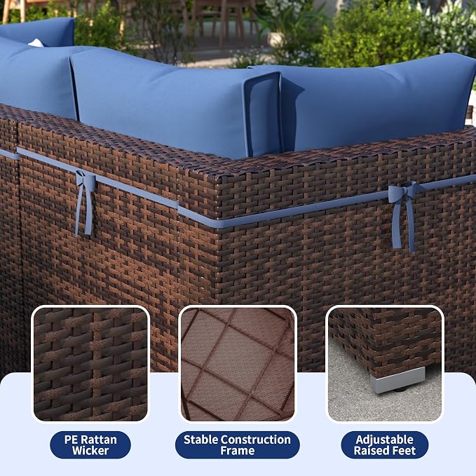 Patio Furniture Set, Modular 10-Piece Patio Conversation Sets with Coffee Table, All-Weather Wicker Outdoor Sectional for Backyard and Balcony, Navy (Waterproof Covers Included)