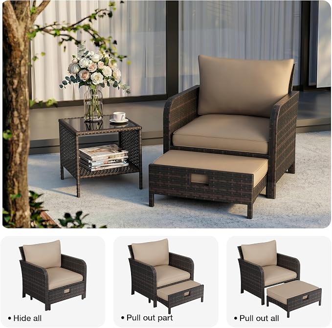LEVELEVE Patio Conversation Set 5 Piece, Balcony Furniture Outdoor PE Rattan Wicker Lounge Chairs with Soft Cushions, 2 Ottomans & Glass Table for Porch Lawn, Brown (Khaki Cushions