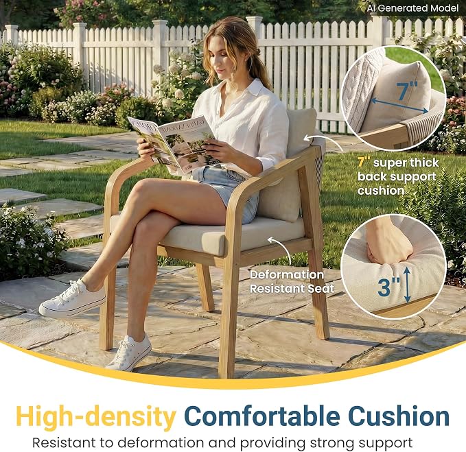 Wisteria Lane 7 Pieces Acacia Patio Dining Set for 6, Patio Dining Table and Chairs Set with Cushion, Modern Outdoor Dining Furniture Set for Lawn Backyard Garden Deck, Beige