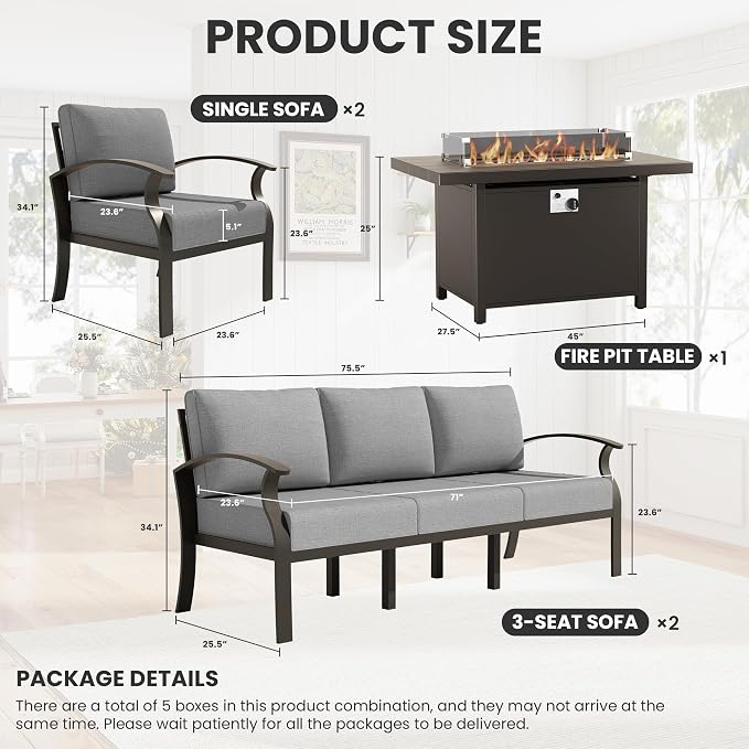 ALAULM Aluminum Patio Furniture Set with Propane Fire Pit Table 8-seat Metal Outdoor Furniture w/Fire Pit Patio Conversation Set w/5.1" Cushions for Patio, Backyard, Poolside-Grey