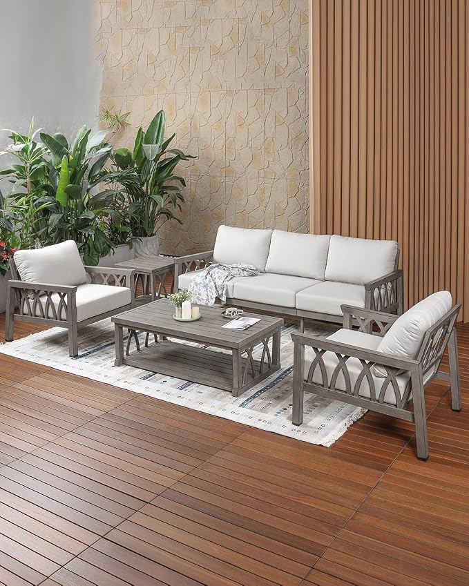 5-Piece Patio Furniture Set, Aluminum Outdoor Sectional Couch Set, Patio Conversation Set with Thick Cushions, Weather-Resistant Outdoor Furniture Set for Porch, Deck, Pool, Limed Oak