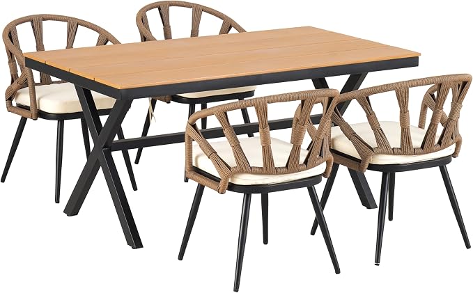 Contemporary Outdoor Set with PE Rattan Chairs and Plastic Wood Dining Table,Suitable for Gardens and Lawns (Brown@38)