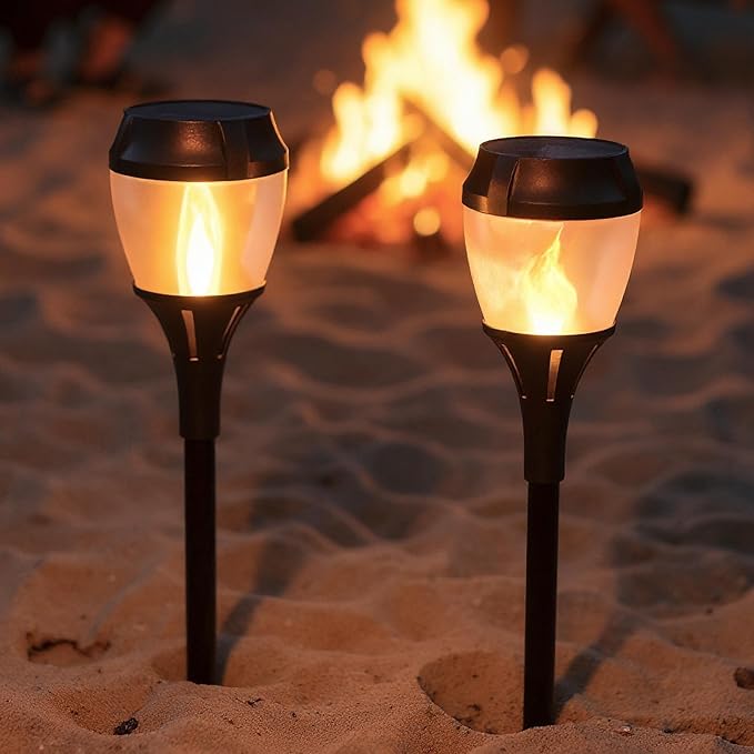 FoxFlame Solar Path Lights Outdoor Waterproof-Realistic Flickering LED Flame,IP65 Pathway Lights Solar Powered Warm Light for Garden and Walkways,Ground Stake Included for Easy Setup (6Pack)