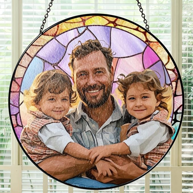 Custom Photo Stained Glass Window Hanging Suncatcher 2026, Personalized Family Photo Sun Catcher Gift for Dad, Custom Father's Day Window Decor for Father, Grandpa, Grandfather