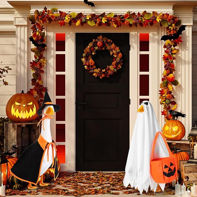 2 Set Halloween Goose Outfit Lawn Porch Goose Cloths Plastic Clothing Fall Halloween Outfit for 23 Inches Outdoor Patio Yard Lawn Art Decoration