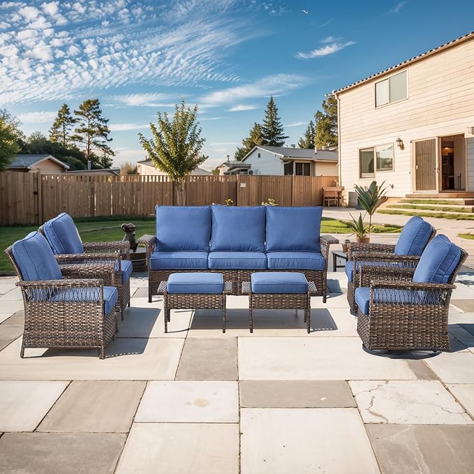 Patio Furniture Set 2 Wicker Swivel Glider Chairs 2 PE Rattan Chairs and 2 Ottomans with Blue Cushions Patio PE Rattan Side Table Brown Wicker Patio Conversation Set 7pcs for Patio