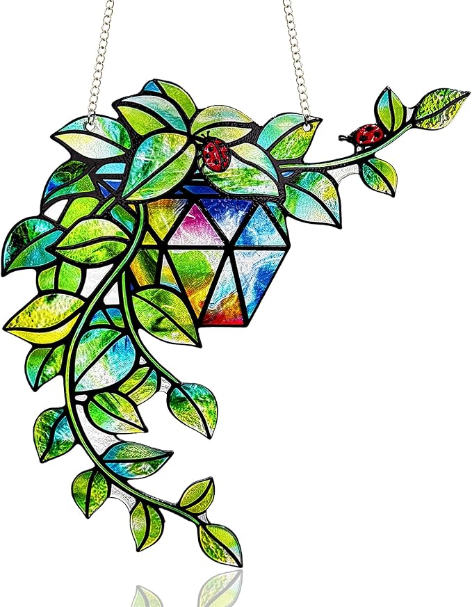 Plant Suncatcher Glass, Stained Glass Suncatcher Plant Window Hanging, Unique Nature Lover Gifts Leaf Idea