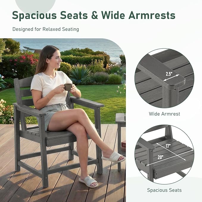 Furnimart Outdoor Dining Chairs Set of 2, Extra-Thick HDPE All-Weather Patio Armchairs with Wide Seat, Outdoor Furniture for Backyard, Garden, Lawn & Poolside, Grey
