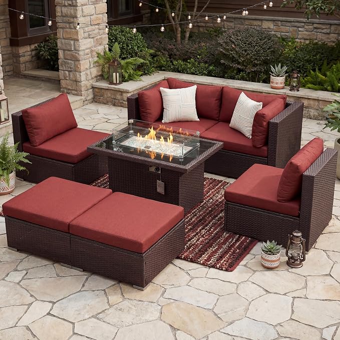 NICESOUL 7 Piece Outdoor Sofa Sectional with Firepit Natural Gas & Propane, Extra Large Patio Furniture Set for Heavy People, Deep Modular Wicker Conversation Sitting, Brown Rattan and Red Cushion