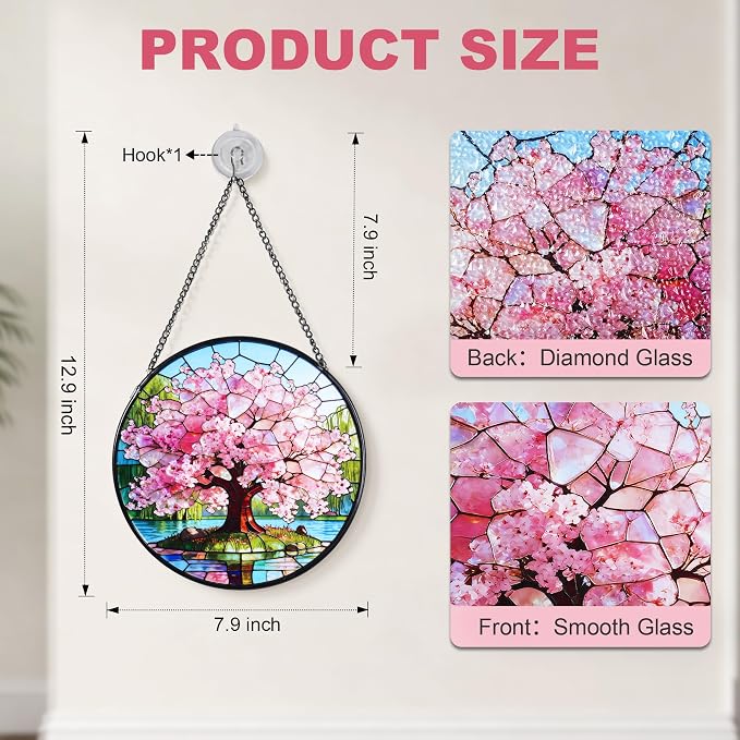 Stained Glass Window Hanging, Pink Cherry Blossom Tree Suncatcher 7.8 in Sun Catcher Boho Wall Art Decor with Chain Diamond Glass Panel Hangings Scenery Sun Catchers Decor for Lover Couple Mom
