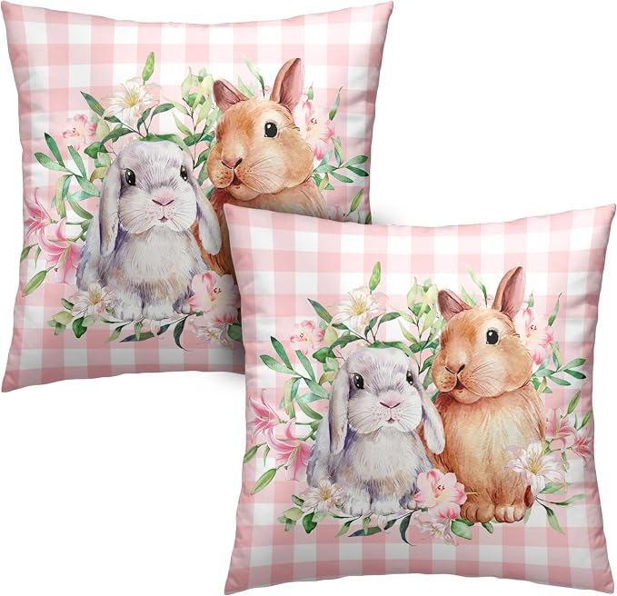 Spring Easter Pillow Covers 24x24 Pack of 2 Lovely Rabbit with Lily Flower Throw Pillow Covers Pink Plaid Bunny Pillow Case for Spring Easter Decoration Sofa Patio Garden