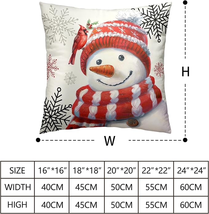 Christmas Snowman Pillow Covers 22x22 Set of 2 Winter Holiday Throw Pillow Covers for Living Room Bedroom Sofa Red Snowman with Cardinal Bird Snowflake Cushion Case