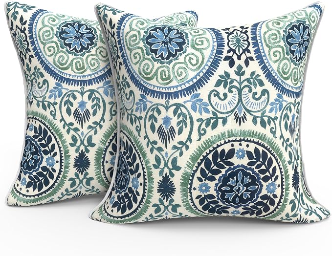 Outdoor Throw Pillow Covers Pack of 2, Decorative Water Repellent Square Pillow Cases with Piping 18x18 Inch, Celadon Wreath