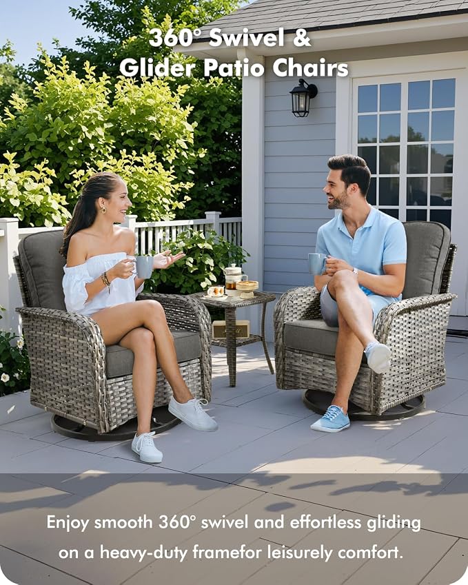 CAODOC 5 Pieces Patio Furniture Set,Outdoor Furniture with Rockers, Rattan Conversation Sets w/Coffee Table, Grey Wicker Black Cushion