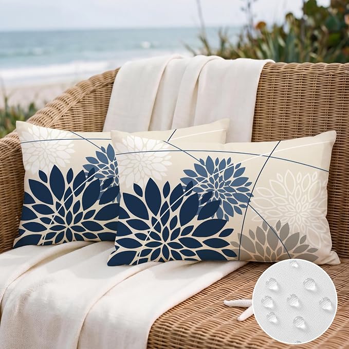 OTOSTAR Outdoor Dark Blue Light Blue Pillow Covers 12x20 Inch Set of 2 White Flower Throw Pillows Farmhouse Geometric Dahlia Floral Lumbar Cushion Case Waterproof Decor for Sofa Patio Funiture Garden