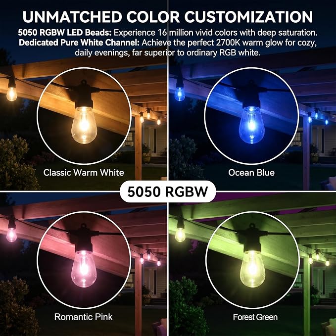 Outdoor String Lights 50FT, RGBW Clear ST14 Bulbs with App Control | 20 ST14 clear bulbs with app control, remote control, music mode, timer for backyard, pergola, deck and gatherings