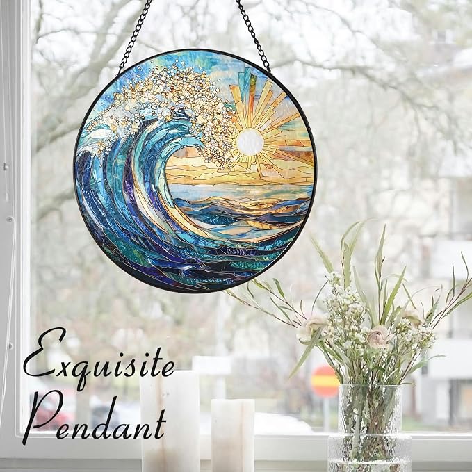 The Ocean Waves and The Sunrise Suncatcher Stained Glass Window Hanging | 7.9 in, Sun Catcher, Garden Decor