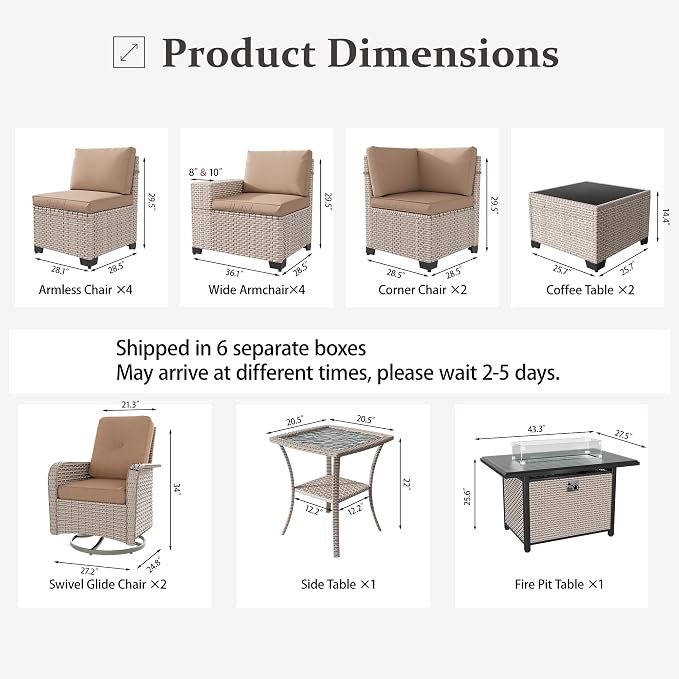 16 Pieces Patio Furniture Set with Fire Pit Table, Outdoor Sectional Wicker Sofa with Thick Cushions, High Back Swivel Rocker Patio Chairs, Rattan Conversation Set with Coffee Table, Khaki