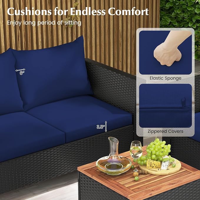 Tangkula 8 Piece Outdoor Conversation Set, Patio Cushioned Chairs w/Storage Coffee Table, Acacia Wood Tabletop & Chair Legs, Patio Wicker Furniture Set for Poolside, Lawn, Porch (2, Navy)