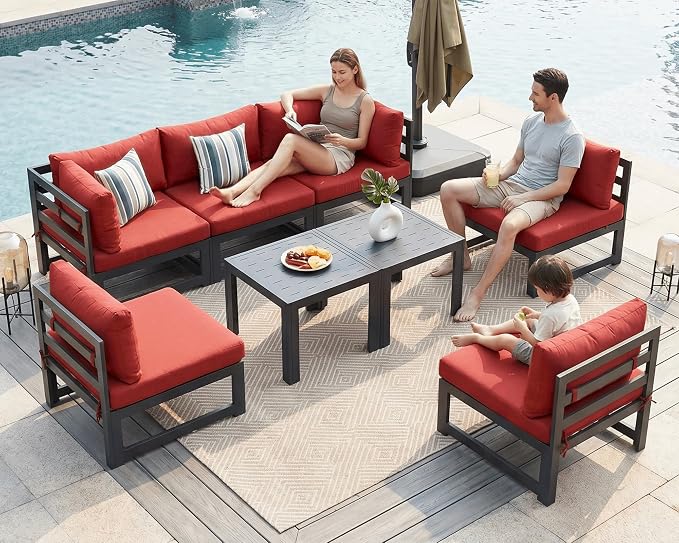 NICESOUL 8 Piece Oversized Modern Aluminum Patio Furniture Set, All Weather Rust Proof Modular Sectional Sofa with Side Table, 500 lbs Heavy Duty Comfortable Outdoor Couch for Backyard Deck, Burgundy