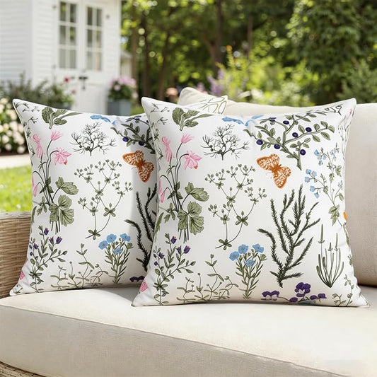 Pyonic Waterproof Outdoor Pillow Covers 18x18 Inch Set of 2 Sage Green Wild Flower Plant Butterfly Outdoor Pillows for Patio Furniture Porch Chair Spring Summer Decoration for Home