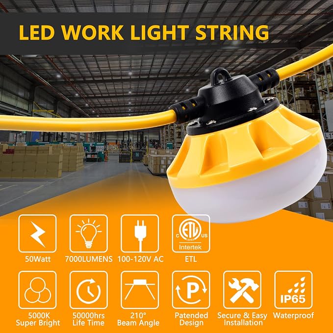 50FT Construction String Lights LED Industrial Grade Free for Climbing Hook | Best for Construction Sites, Renovation, Walkways,Patio,Mine cave, Outdoor, and Other Outdoor Lighting Solutions Use