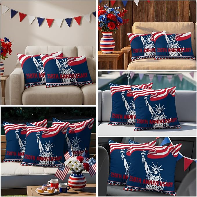 250th Anniversary Outdoor Pillow Covers 20"x20" Set of 2, Statue of Liberty Independence Day Waterproof Throw Pillow Covers for Patio Furniture, Decorative Cushion Covers for Porch