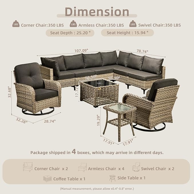 CAODOC Outdoor Sectional Patio Furniture Set,10 Pieces Wicker Conversation Sets L Shaped Couch,Out Door Sofa Outside Furniture with Swivel Chairs,Black
