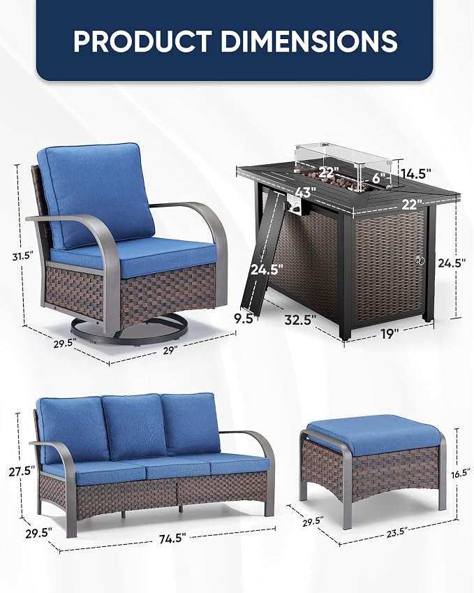 HUMMUH Patio Conversation Sets with Fire Pit-All Weather Wicker Outdoor Swivel Chair with Patio Couch Outdoor Patio Furniture for Deck Porch Garden Poolside Backyard-Brown/Blue