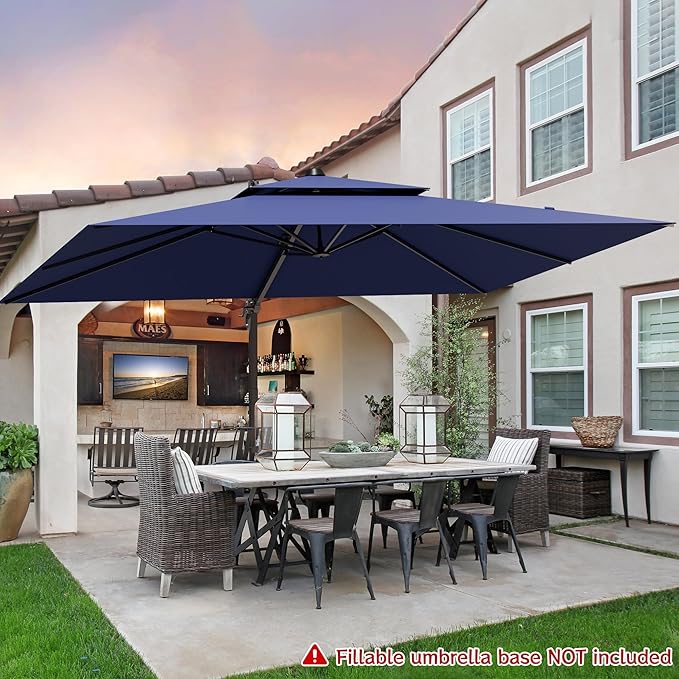 9x12FT Navy Blue Cantilever Outdoor Patio Umbrella with Base, Large Rectangular Offset Design, Double Top Heavy Duty Aluminum Frame & 360° Rotation for Pool Garden Deck Backyard