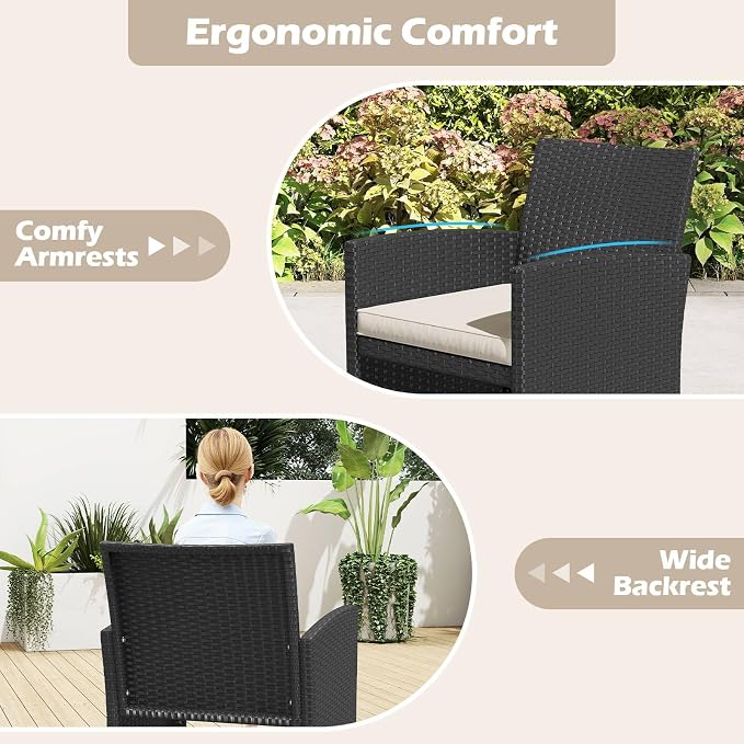 RELAX4LIFE 4-Piece Patio Furniture Set - Wicker Rattan Outdoor Sectional Sofa Set w/Glass Coffee Table, Loveseat, 2 Chairs & Soft Cushions, Bistro Conversation for Garden Porch (1, Black-White)