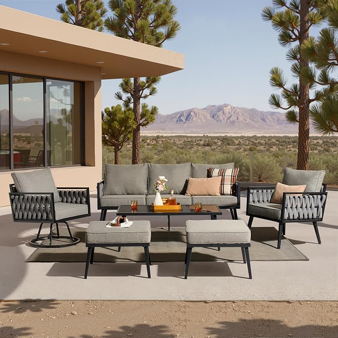 Weaxty Modern Patio Furniture Set 6 Piece, Rope Outdoor Patio Conversation Sets Sectional Sofa Swivel Chairs Table Ottoman, All Weather Metal Balcony Furniture for Backyard Garden, Light Grey
