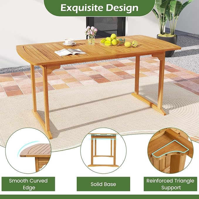 Tangkula 3 Piece Acacia Wood Patio Dining Table Set, 63" Large Patio Table & 2 Backless Benches w/Umbrella Hole, Farmhouse Indoor Outdoor Diner Furniture for Garden Poolside Deck Kitchen