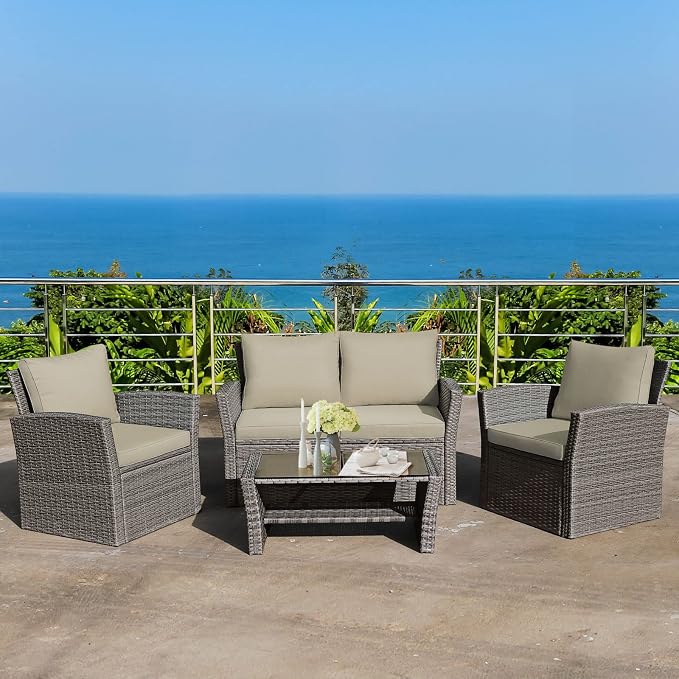 RELAX4LIFE 4-Piece Patio Conversation Seat - Wicker Sofa Set w/Seat & Back Cushions, Coffee Table w/Tempered Glass Tabletop, Outdoor Rattan Sofa Set for Backyard, Porch (Brown)