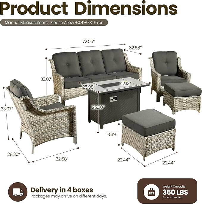6 Piece Patio Furniture Set with Fire Pit Table, Outdoor Wicker High Back Sofa Chairs Ottoman with Comfy Cushions, Modern Conversation Sets for Backyard Deck Garden Poolside, Black