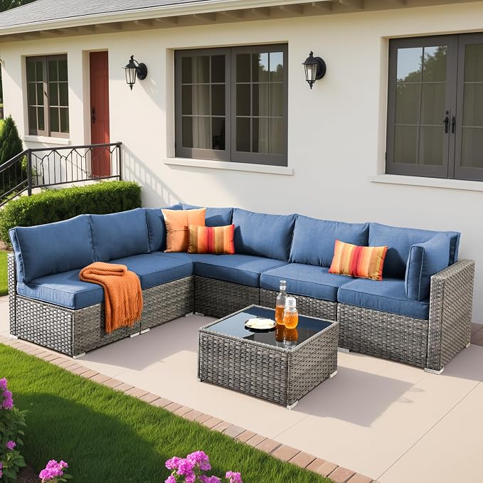 Weaxty 7 Pieces Outdoor Patio Furniture Set,Wicker Sectional Sofa Couch with Thicken Cushion and Glass Coffee Table,All Weather Rattan Patio Conversation Sets for Porch,Poolside,Backyard,Denim Blue