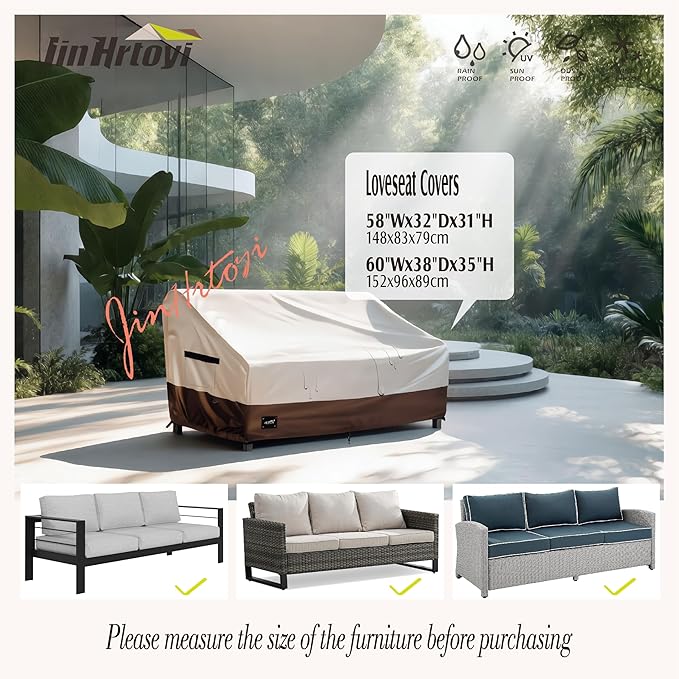 JinHrtoyi 2-Seater Patio Loveseat Cover, 58Wx32Dx31H inches Outdoor Furniture Covers Waterproof,100% Waterproof Heavy Duty Patio Furniture Covers,Beige&Brown Modern Style Outdoor Couch Cover