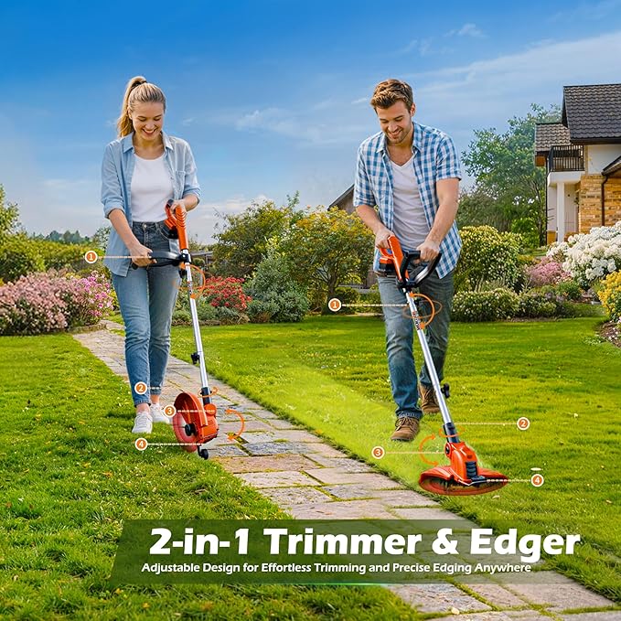 21V Weed Wacker Weed Eater: Electric String Trimmer and Edger 2in1 Lawn Tool Battery Powered 12 Inch Grass Cutter with 2Pack 2000mAh Batteries and Charger, Lightweight for Small Yard Garden Home Use
