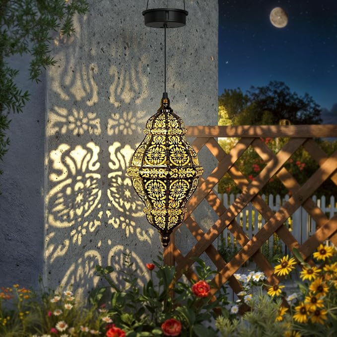 Twinkya 2 Pack Hanging Solar Lights Outdoor Garden Decor, Waterproof Plastic Moroccan Solar Powered Lantern Lamp, Outside Decorations for Patio Yard Porch Backyard Decor, Gardening Gifts for Women Mom