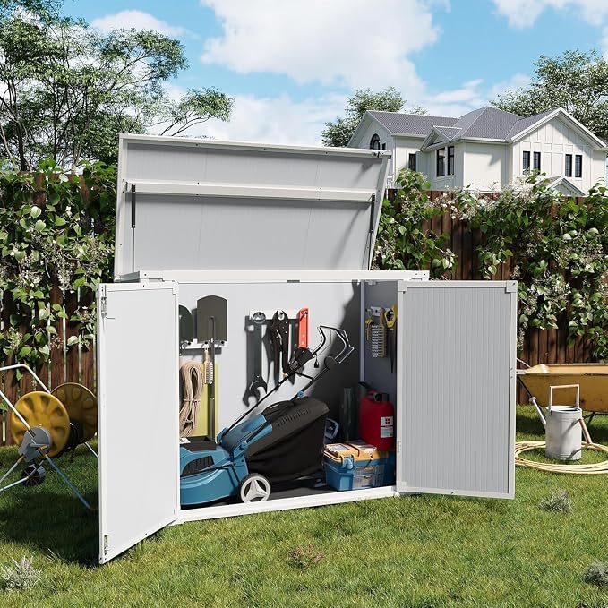 Storage Shed Outdoor Resin Shed Plastic Garden Shed with Floor Waterproof Horizontal Storage Deck Box Outside Storage Container with Lockable Door for Patio