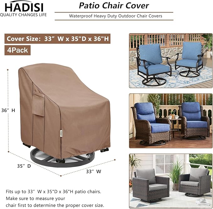 Patio Chair Covers for Outdoor Furniture Waterproof 4 Pack, Heavy Duty Waterproof Outdoor Swivel Chair Cover (33"W x35"D x36"H - Brown)