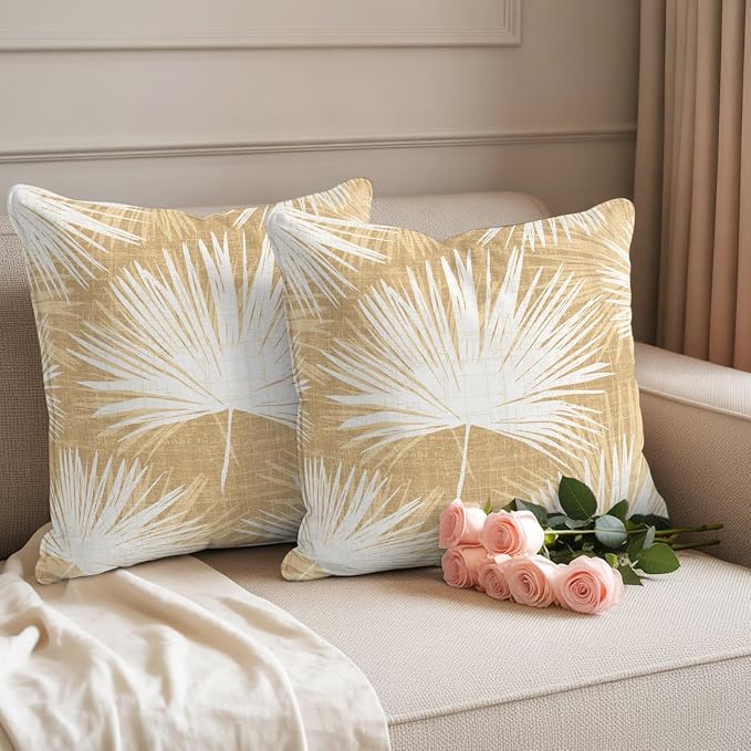 Throw Pillow Covers 16x16 Inch Set of 2, Beige Palm Leaves Coastal Waterproof Outdoor Pillow Covers, Summer Tropical Botanical Boho Decorative Cushion Pillowcases for Couch, Sofa, Bed, Garden, Patio