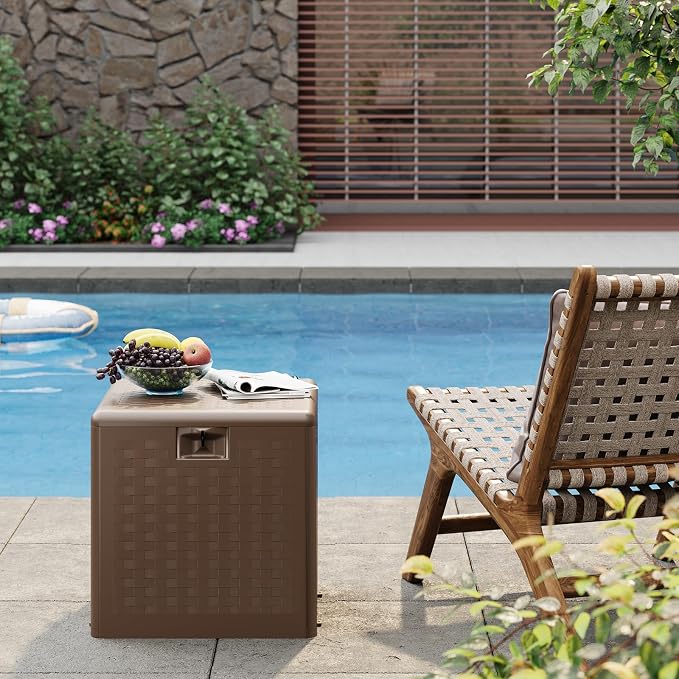 IDEALHOUSE 28 Gallon Deck Box, Waterproof Outdoor Storage Box with Lockable Lid, Heavy-Duty Resin Patio Furniture Cushion Storage Container for Garden, Backyard and Poolside, Brown