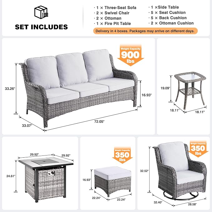 ovios 7 Pieces Patio Furniture Set with 30 inch Fire Pit Table, Outdoor Wicker Sofa Couch Swivel Rocking Glider Chairs, Modern Luxury Conversation Set, Grey Wicker, Grey