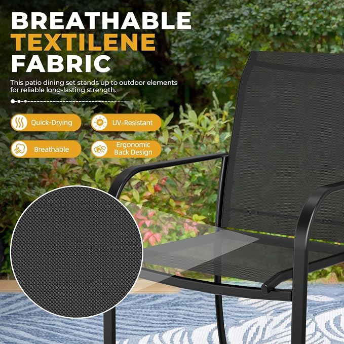 7-Piece Patio Dining Set with Umbrella,6 Person Outdoor Table and Chairs Set, 6 Metal Dining Chairs and Round Outdoor Table with 1.57" Umbrella Hole,Black